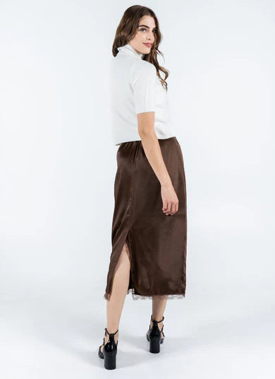 Brown Satin Lace Trim Skirt