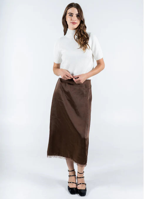 Brown Satin Lace Trim Skirt