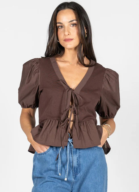 Brown Ruffle Tie Top