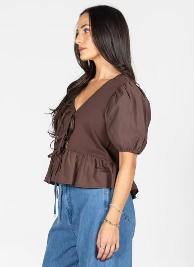 Brown Ruffle Tie Top